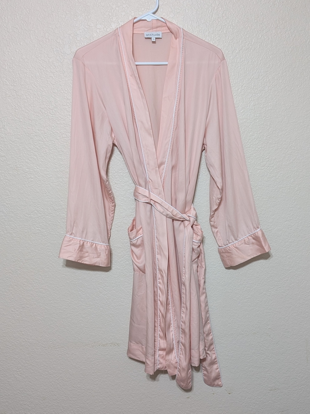 Ettitude Organic Bamboo Lyocell Kimono Robe Pastel Pink With White Piping M